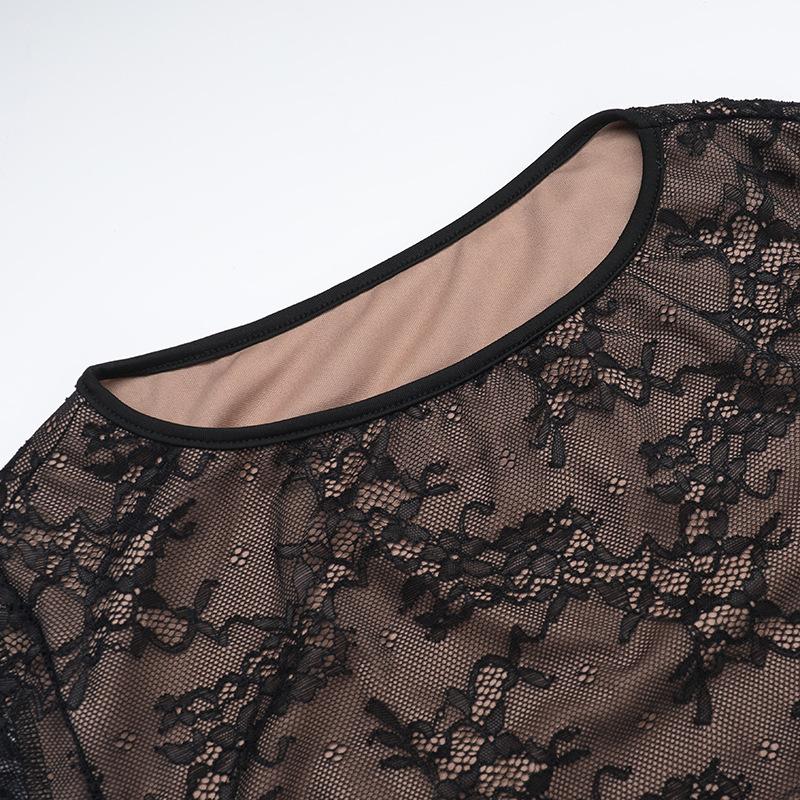 Crewneck long sleeve lace hollow out maxi dress