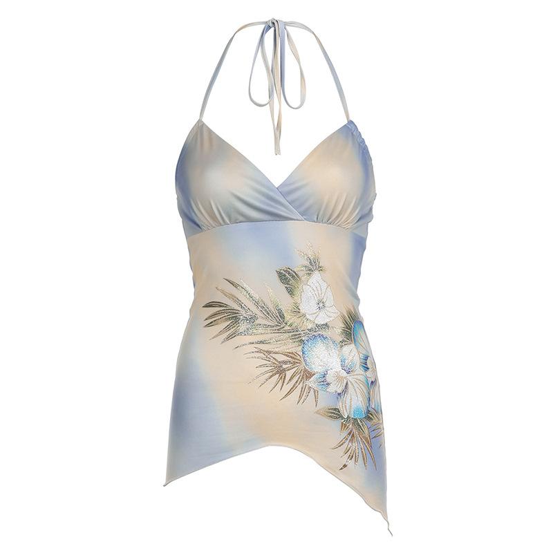 Halter v neck print tie dye ruched knotted backless top