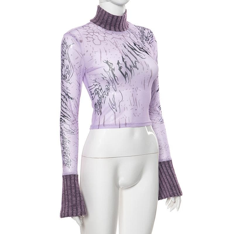 Long flared sleeve high neck see through letter print mesh top