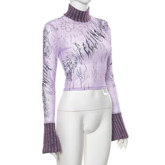 Long flared sleeve high neck see through letter print mesh top