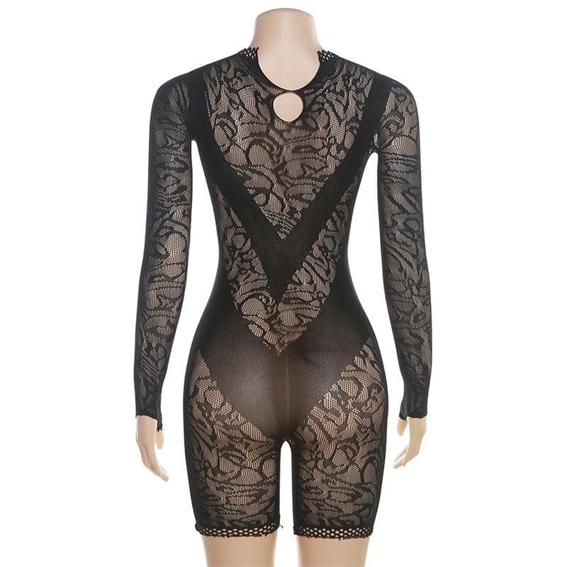 Long sleeve gloves see through fishnet romper