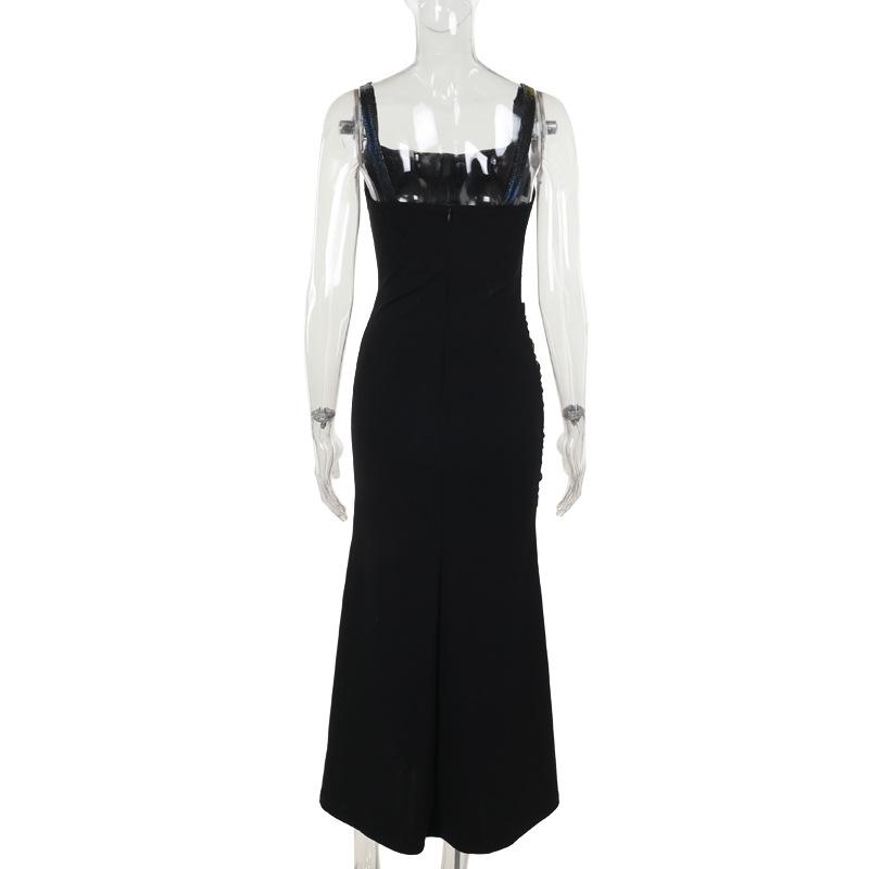 Square neck ruched lace up lace hem maxi dress