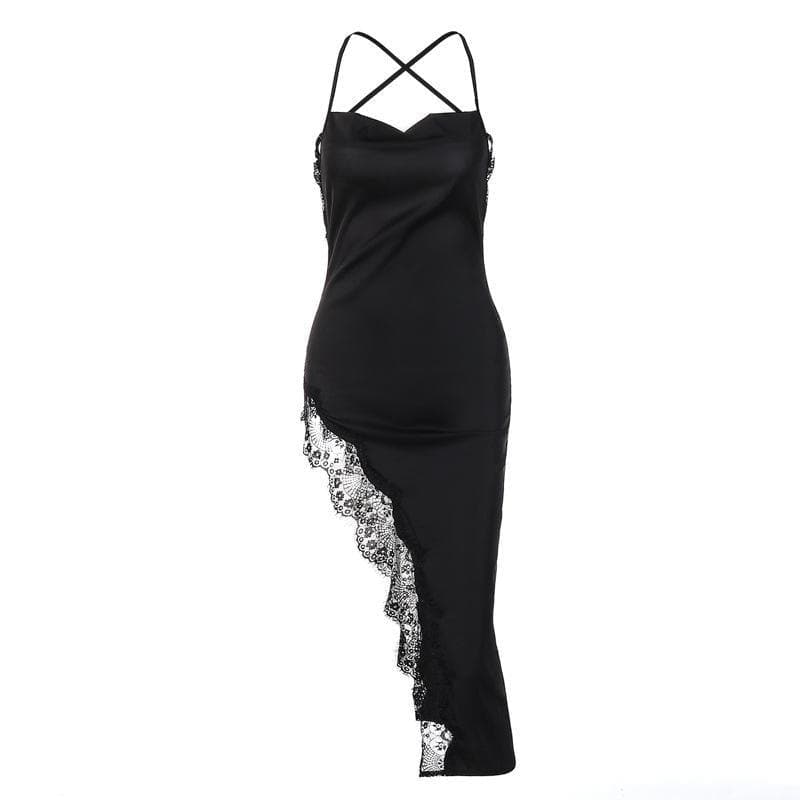 Hem lace slit satin cross open back dress  | black rave dress  | black rave dress