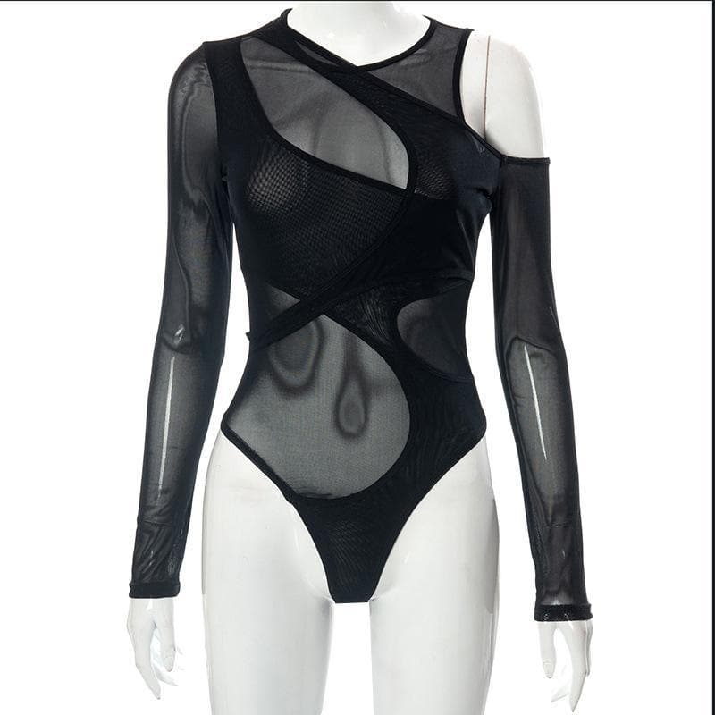 Long sleeve off shoulder irregular sheer mesh bodysuit