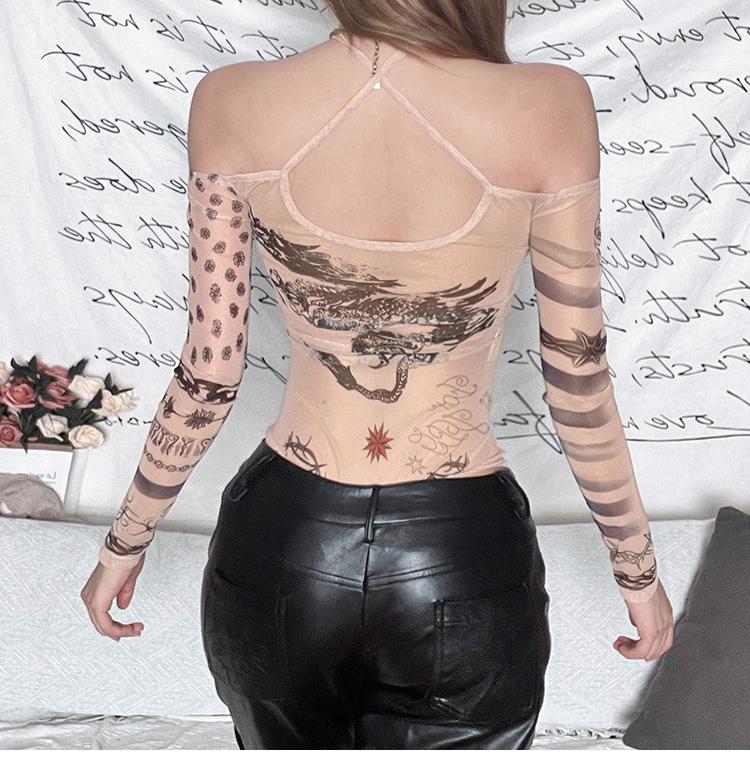 Halter long sleeve abstract mesh bodysuit