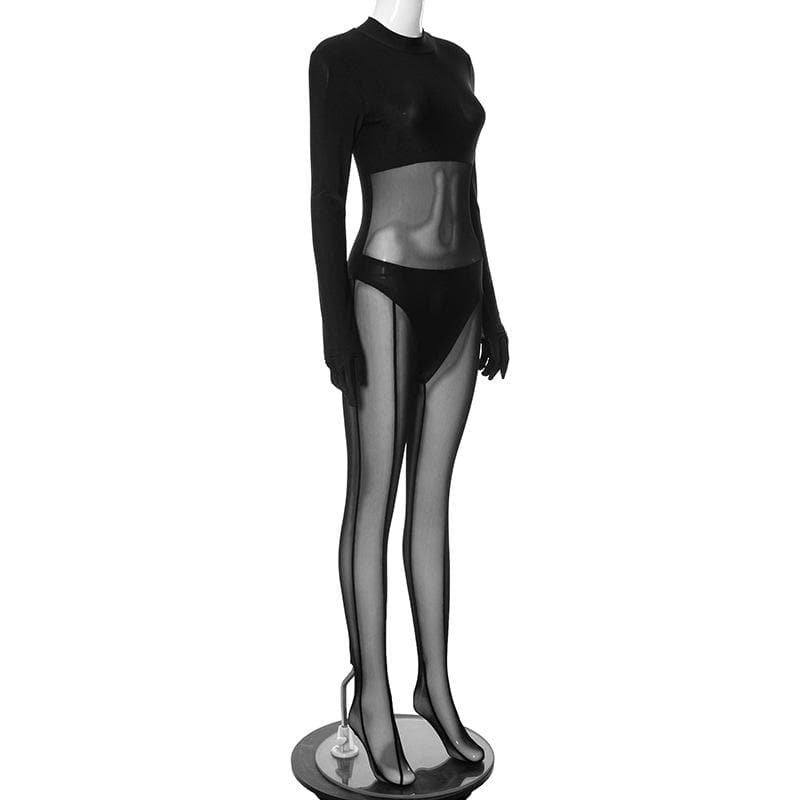 Gloves long sleeve mesh patchwork solid zip-up jumpsuit