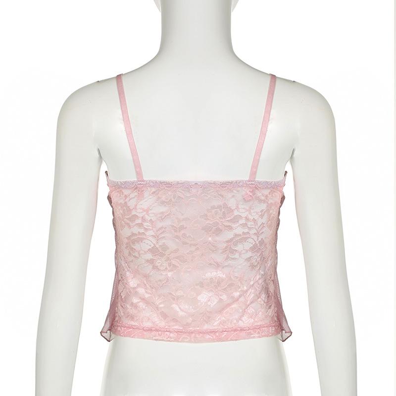 Lace patchwork ruffle ribbon mesh knotted cami top