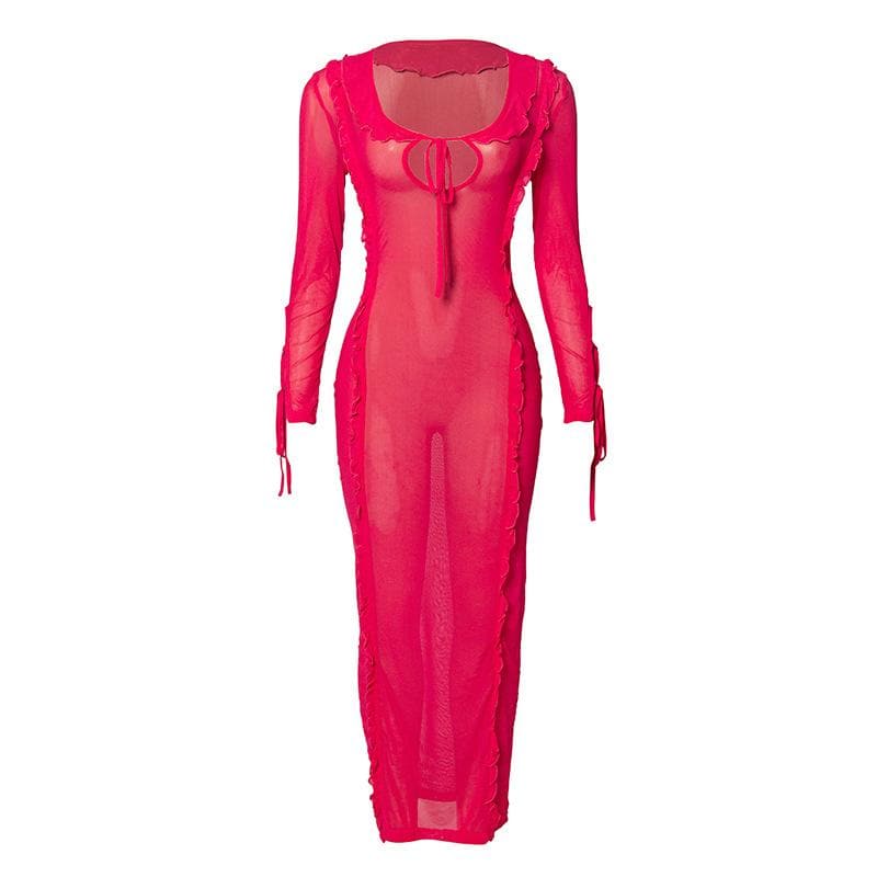 Ruffle turtle neck sheer mesh see through long sleeve maxi dress  | red tango dress  | samba dress