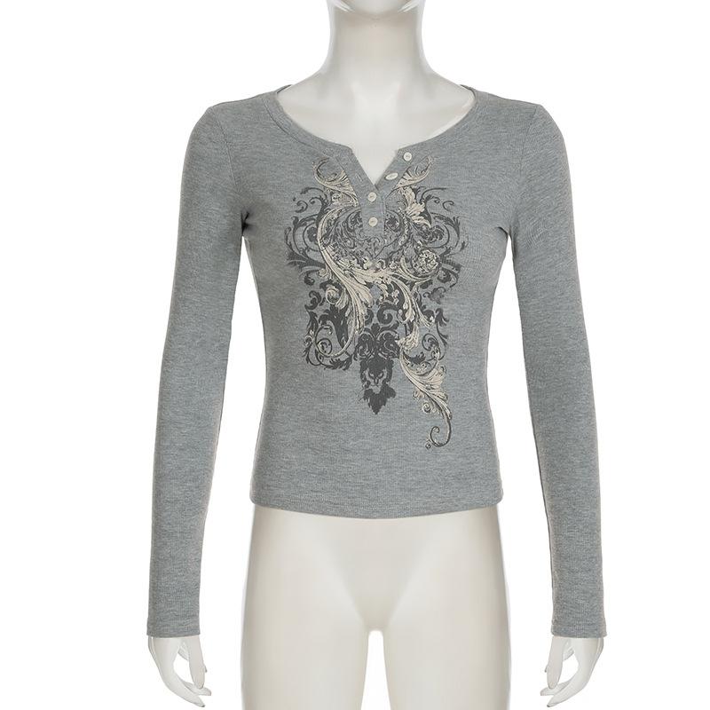 Long sleeve abstract ribbed button top