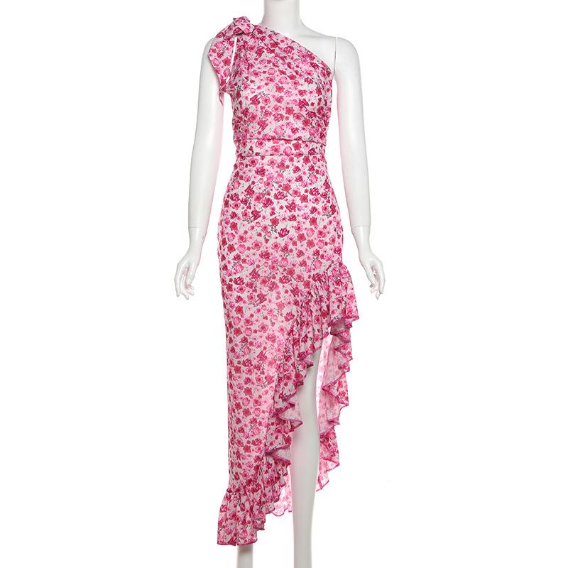 One shoulder knotted slit flower print ruffle maxi dress