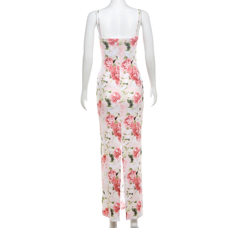 Print lace hem sweetheart neck slit cami maxi dress
