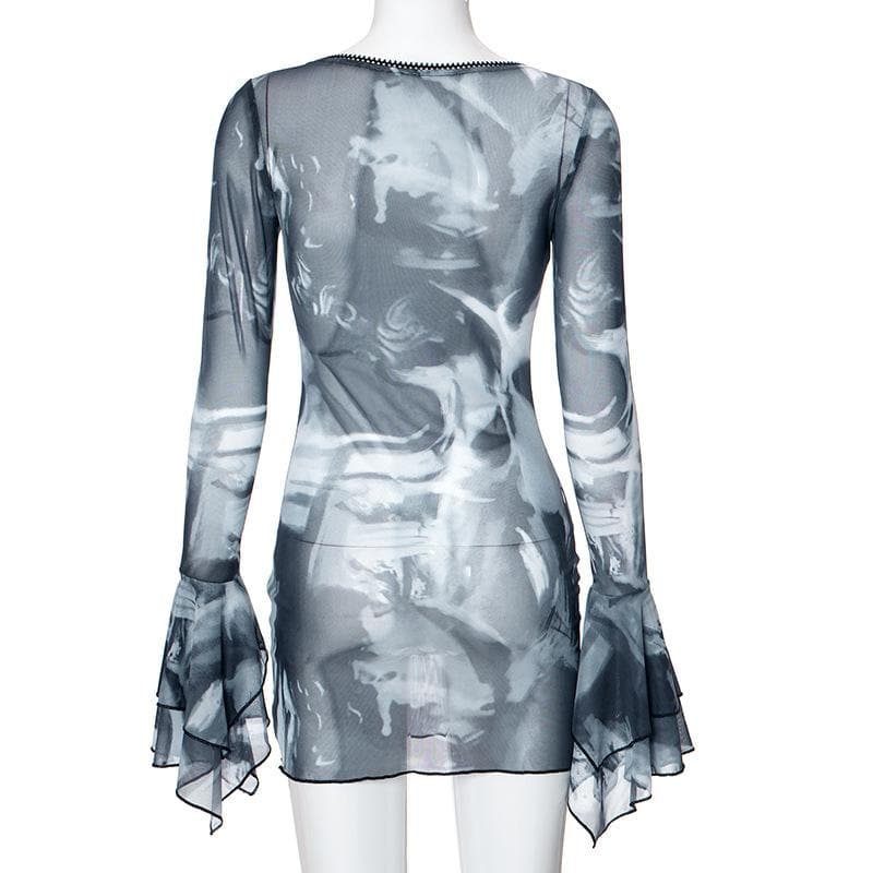 Long flared sleeve sheer mesh print ruffle mini dress  | samba dress