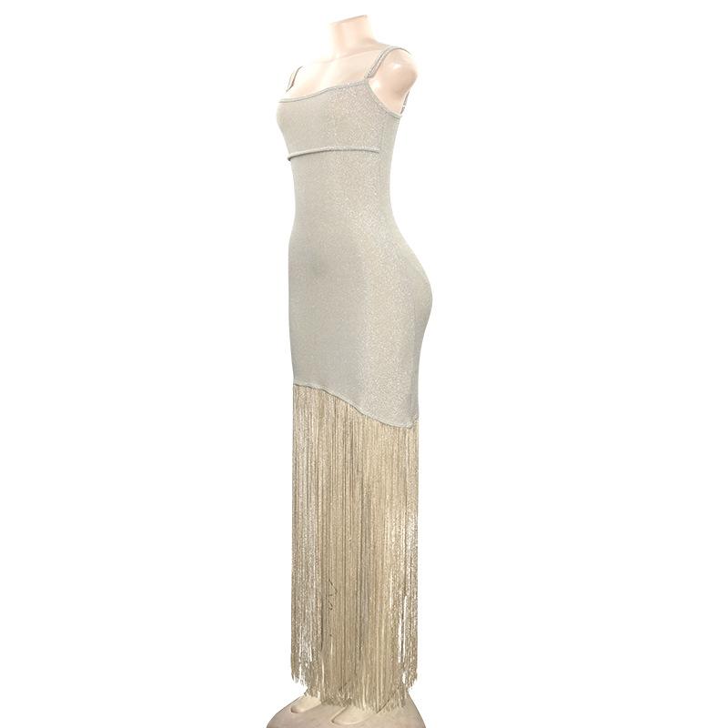 Glitter square neck tassels cami maxi dress