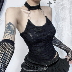 Halter u neck o ring hollow out see through top