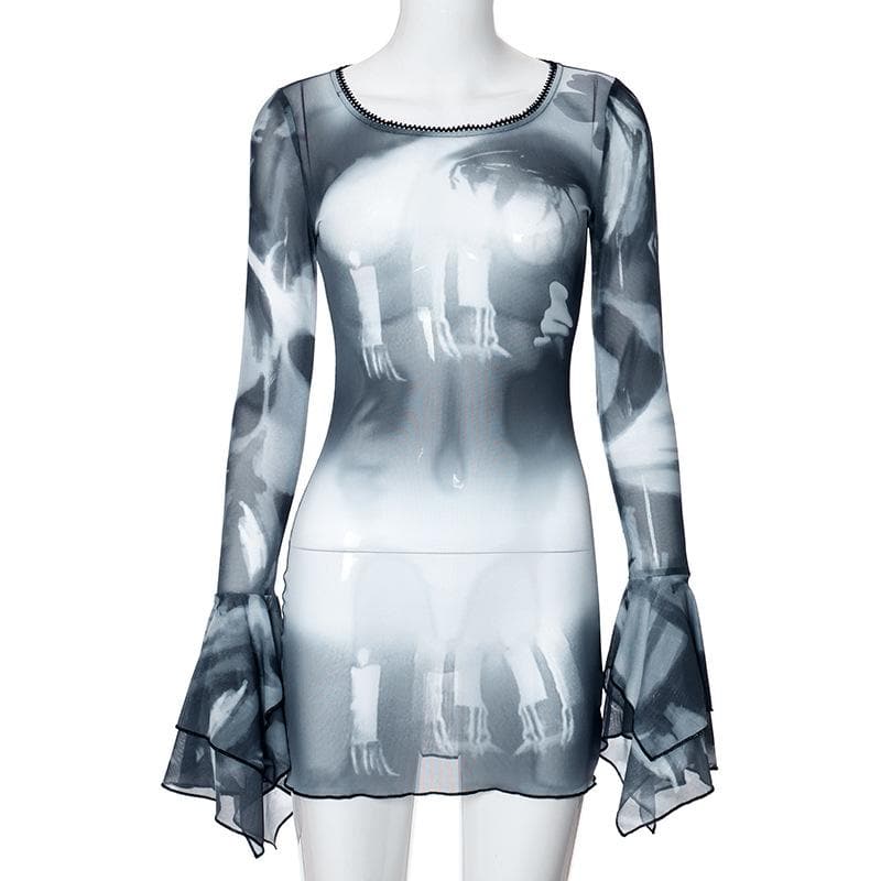 Long flared sleeve sheer mesh print ruffle mini dress  | samba dress