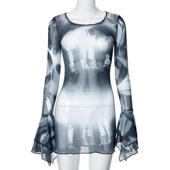 Long flared sleeve sheer mesh print ruffle mini dress  | samba dress
