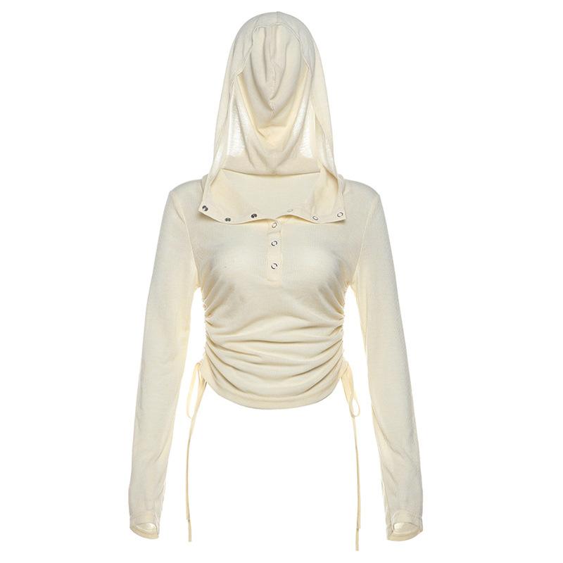 Hoodie long sleeve button drawstring ruched top