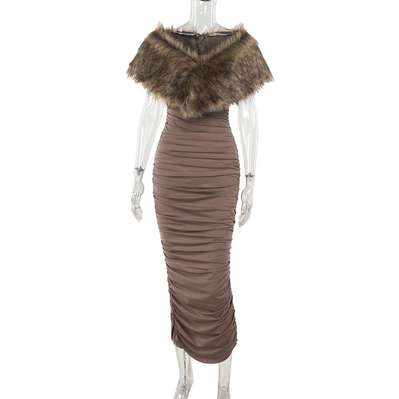 Ruched fluffy shrug slit cami maxi dress