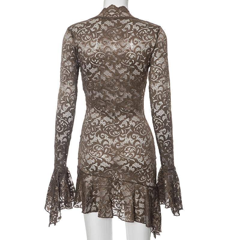 Long flared sleeve lace ruffle see through mini dress