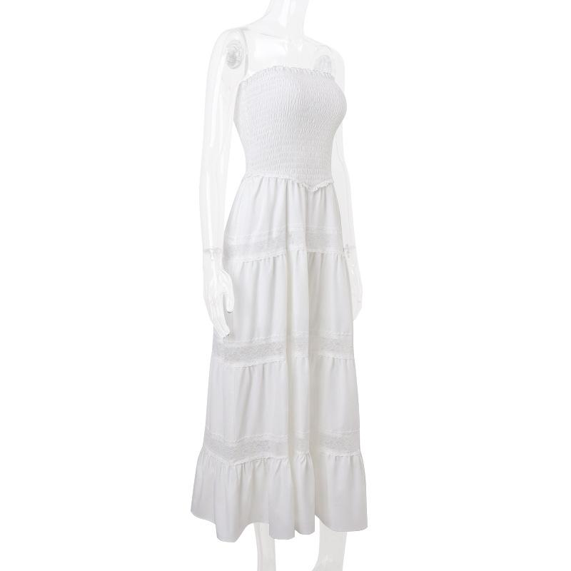 Smocked ruched lace patchwork tube midi dress