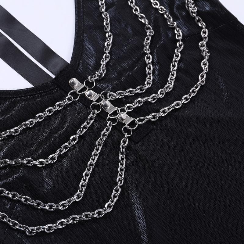 Metal chain halter self tie backless slit midi dress