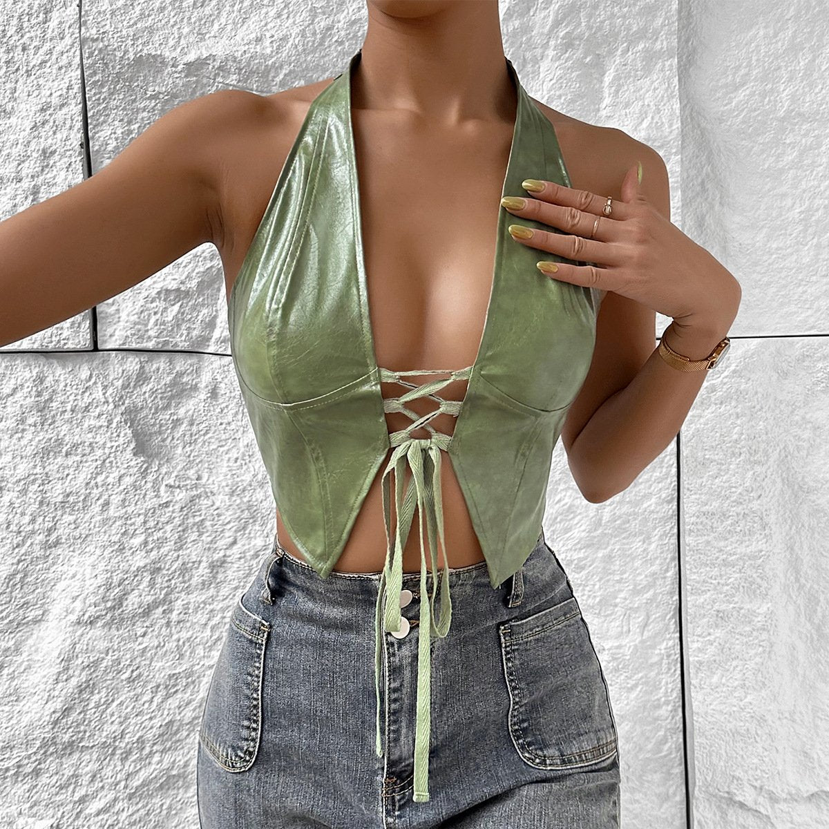 Halter PU leather lace up top