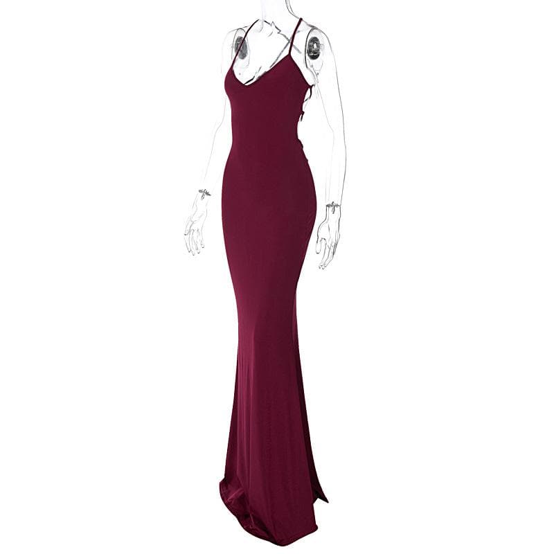 Ruched solid backless cross back v neck lace up maxi dress  | red tango dress