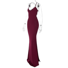 Ruched solid backless cross back v neck lace up maxi dress  | red tango dress