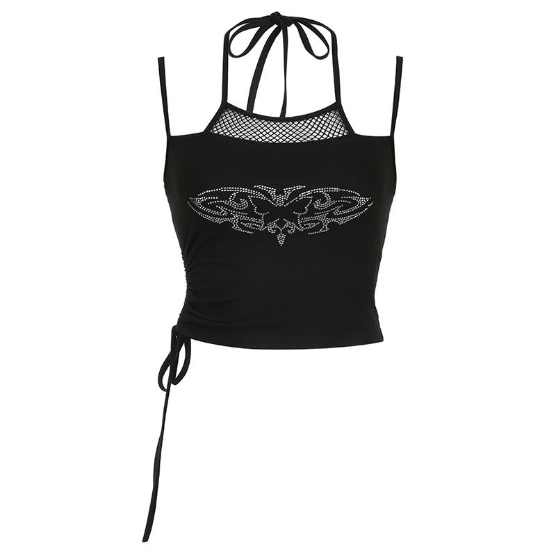 Halter fishnet beaded drawstring ruched cami top