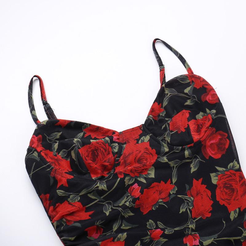 Sweetheart neck ruffle print irregular cami midi dress  | red tango dress