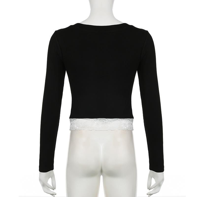 Long sleeve v neck lace hem button top