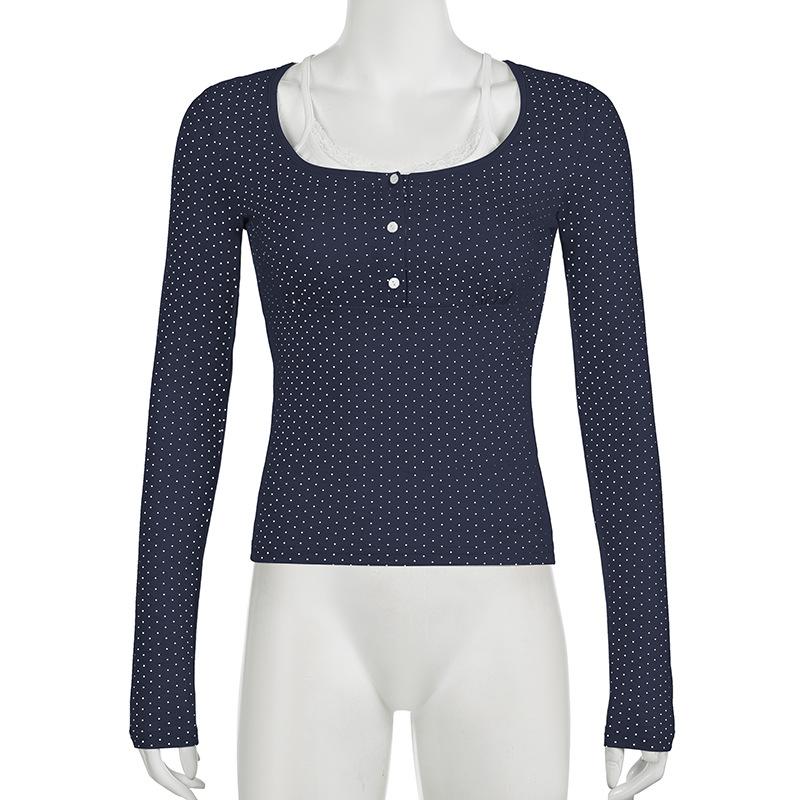 Polka dot long sleeve button lace hem patchwork top