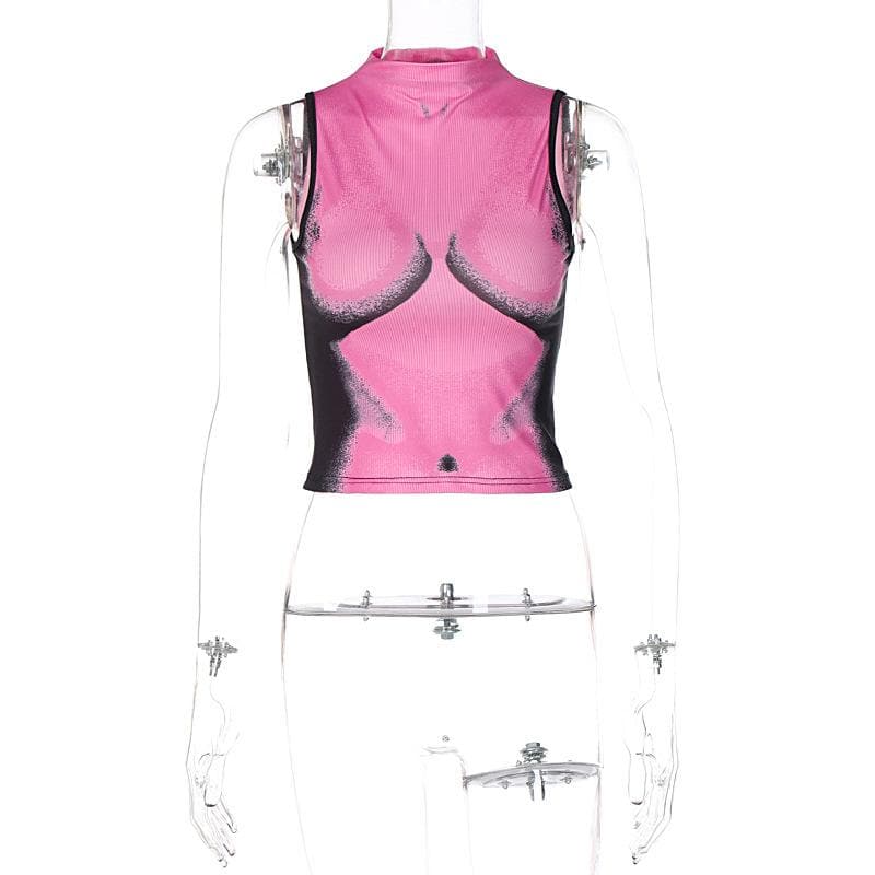 Contrast sleeveless high neck body pattern crop top
