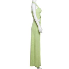 Halter hollow out high slit ruched maxi dress