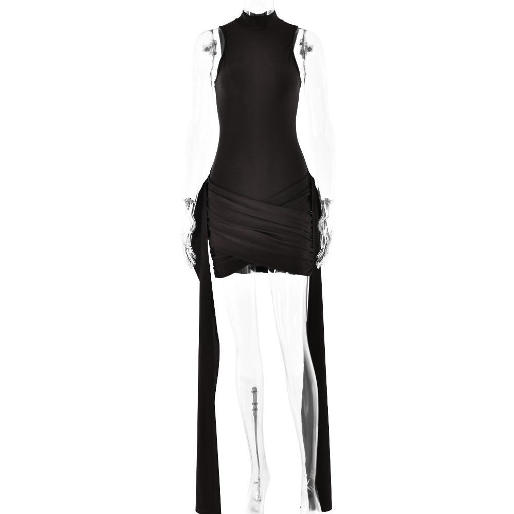 High neck ruffle ruched solid mini dress