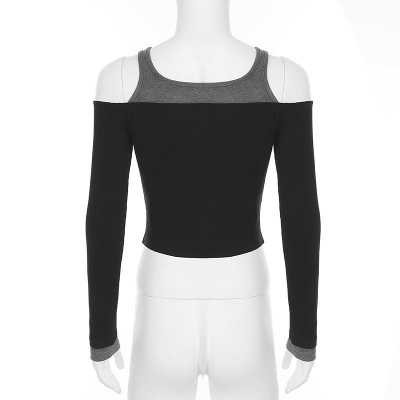 Off shoulder long sleeve contrast button top