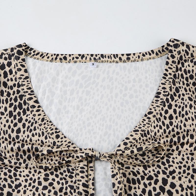 Leopard print long sleeve self tie crop top
