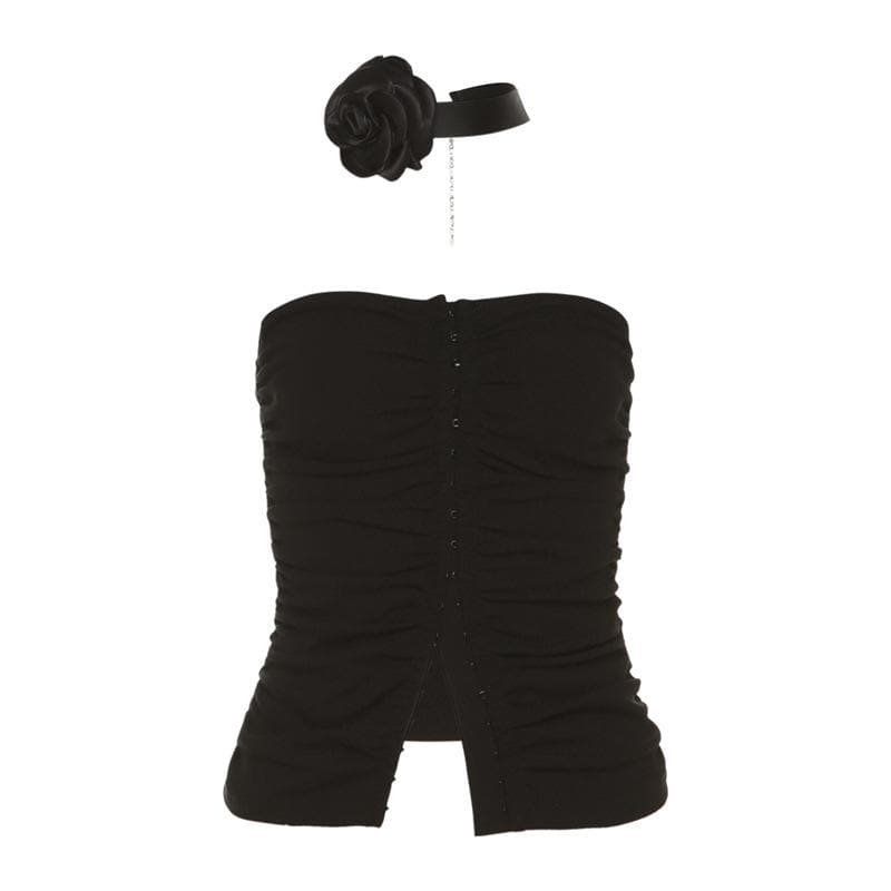 Button solid flower applique halter ruched backless tube crop top