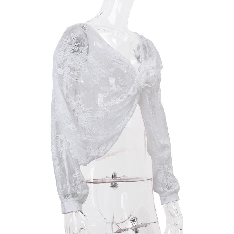 Long puff sleeve lace see through flower applique backless crop top