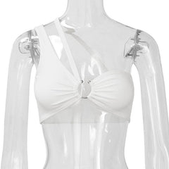Hollow out o ring one shoulder backless ruched ribbed crop cut out top