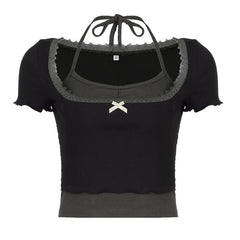 Short sleeve halter lace hem bowknot ribbed 2 piece top