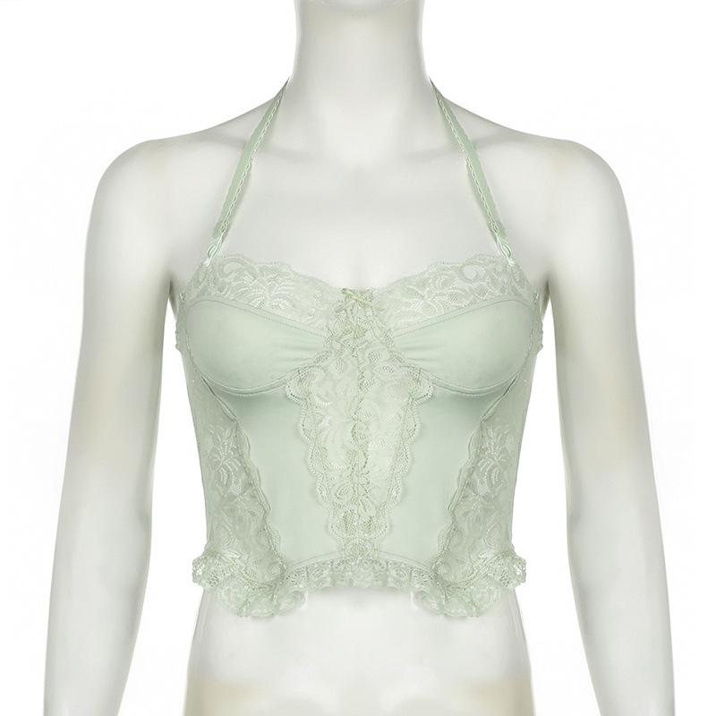 Halter lace bustier sweetheart neck patchwork top