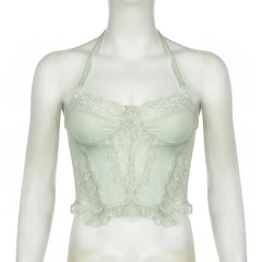Halter lace bustier sweetheart neck patchwork top