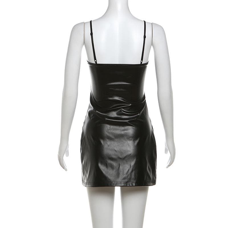 PU leather gradient ruched backless cami mini dress