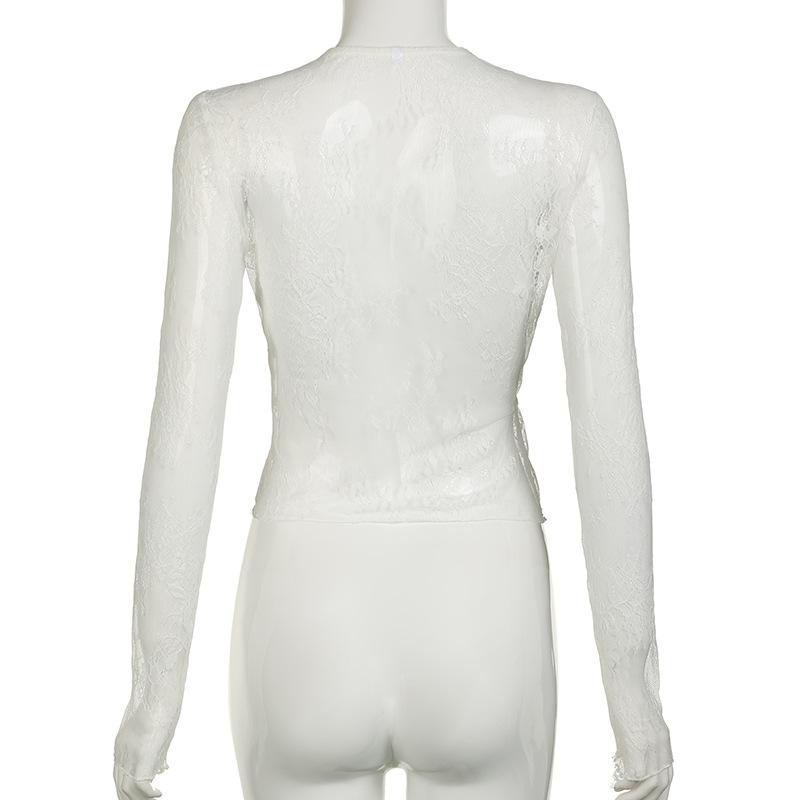 Long sleeve lace see through self tie top