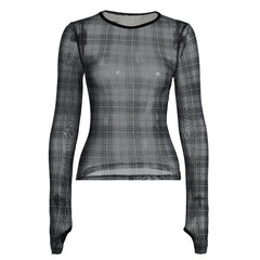 Long sleeve plaid crewneck mesh top