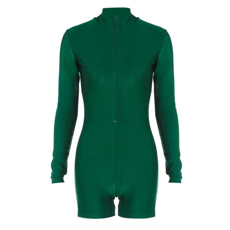Zip-up solid long sleeve high neck romper
