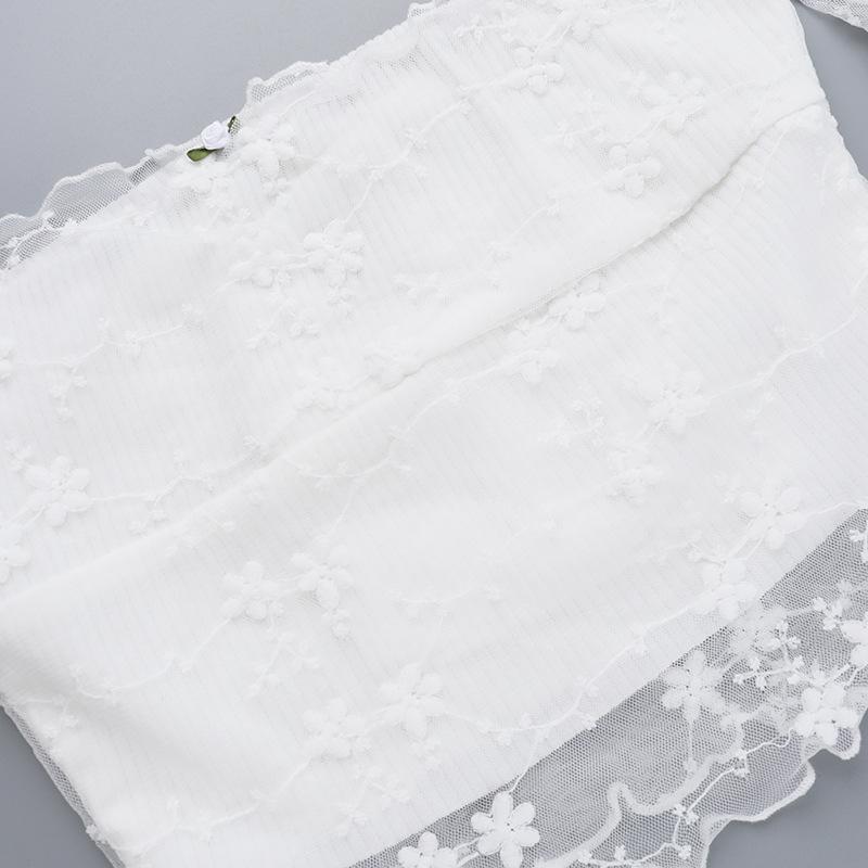 Off shoulder long sleeve mesh embroidery top
