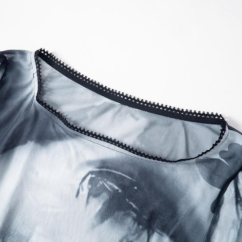 Long flared sleeve sheer mesh print ruffle mini dress  | samba dress