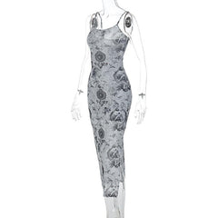 Slit contrast print sheer mesh see through u neck cami midi dress  | samba dress